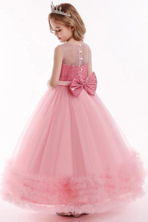 Puffy Sheer Neck Sleeveless Tulle Long Flower Girl Dress with Sequin, Cute Children Dress UQF0010