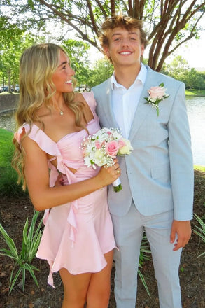 Pink Straps Mini Homecoming Dress, Backless Short Prom Dress UQH0268