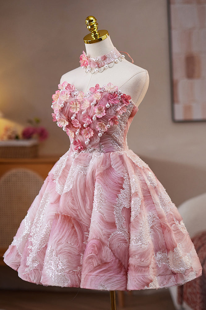 Pink Sweetheart Short Homecoming Dress with Handmade Flowers Sweet 16 Dress UQH0281