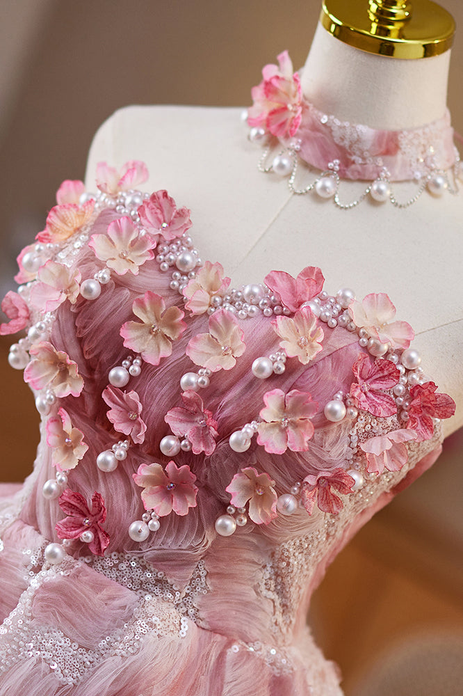 Pink Sweetheart Short Homecoming Dress with Handmade Flowers Sweet 16 Dress UQH0281