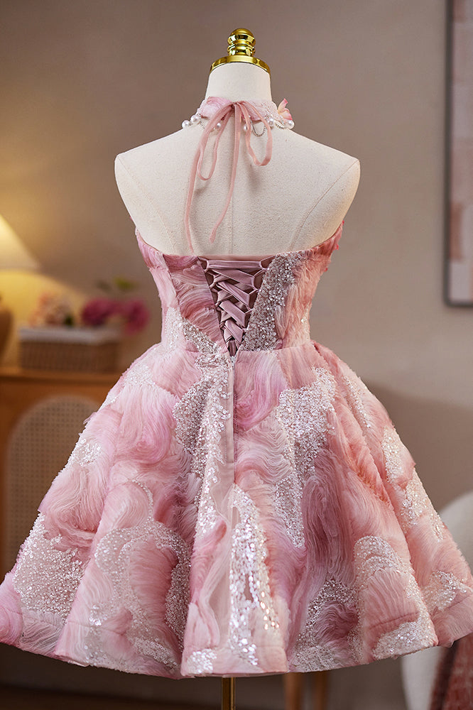 Pink Sweetheart Short Homecoming Dress with Handmade Flowers Sweet 16 Dress UQH0281