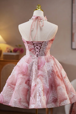 Pink Sweetheart Short Homecoming Dress with Handmade Flowers Sweet 16 Dress UQH0281