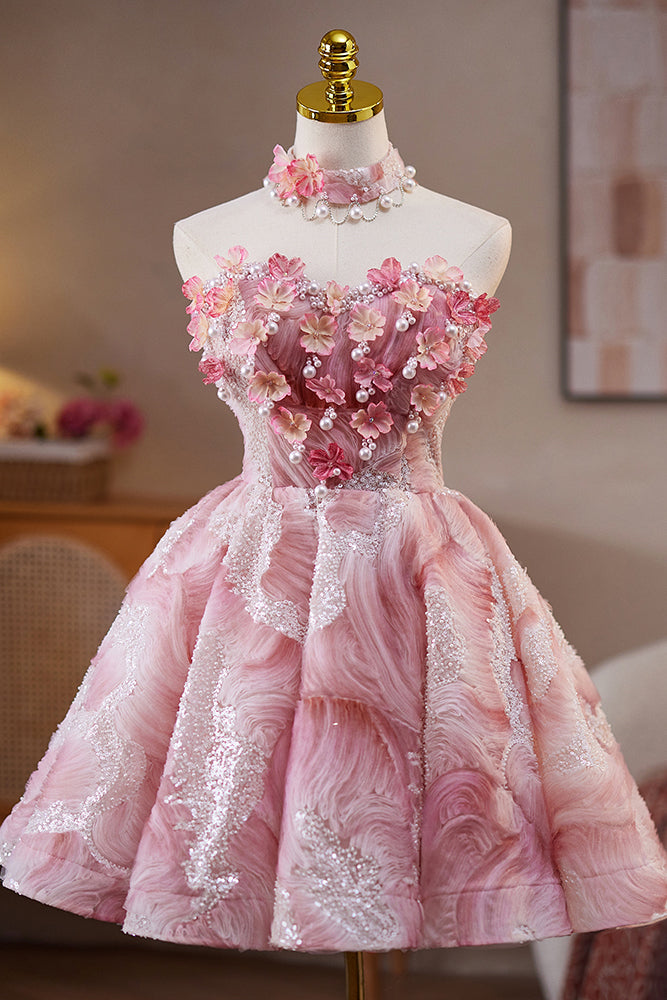 Pink Sweetheart Short Homecoming Dress with Handmade Flowers Sweet 16 Dress UQH0281