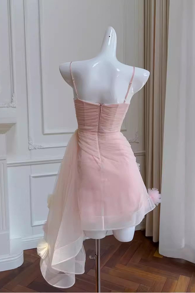 Pink Spaghetti Straps Tulle Hoco Dress, Short Dresses with Flowers for Birthday Vacation UQH0233