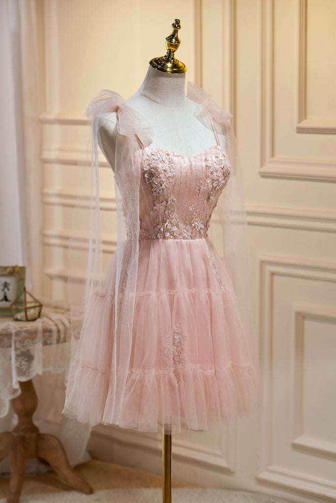 Pink Tulle Hoco Dress with Hand-made Flowers, New Arrival Sweet 16 Dresses UQH0226