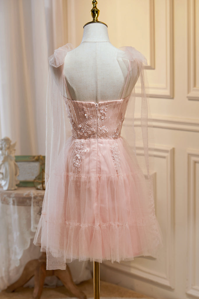 Pink Tulle Hoco Dress with Hand-made Flowers, New Arrival Sweet 16 Dresses UQH0226