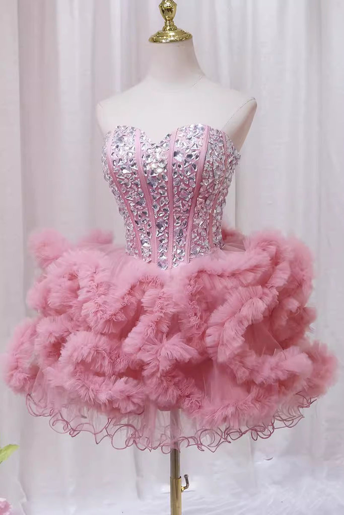 Pink Sweetheart Neck Tutu Dress with Rhinestone, Cute Homecoming Gown UQH0247