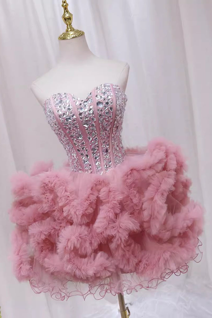 Pink Sweetheart Neck Tutu Dress with Rhinestone, Cute Homecoming Gown UQH0247