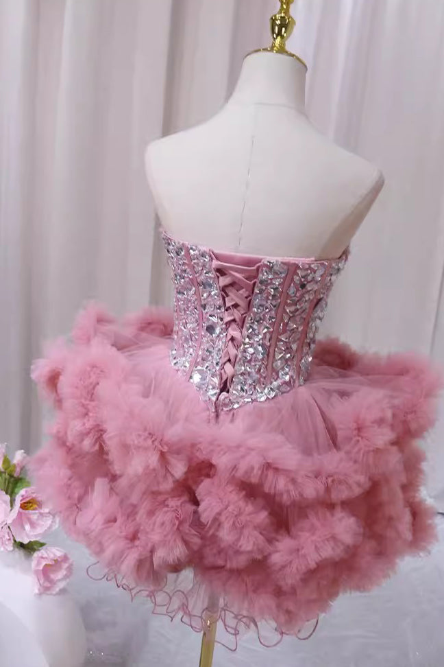 Pink Sweetheart Neck Tutu Dress with Rhinestone, Cute Homecoming Gown UQH0247