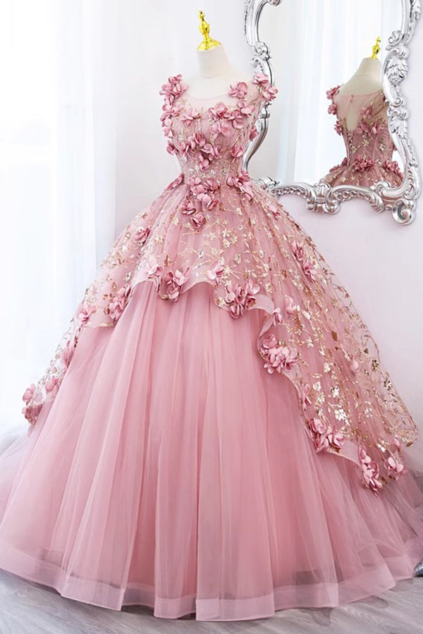 Princess Sleeveless Tulle Long Quinceanera Dress, Pink Puffy Prom Gown with Flowers UQP0253