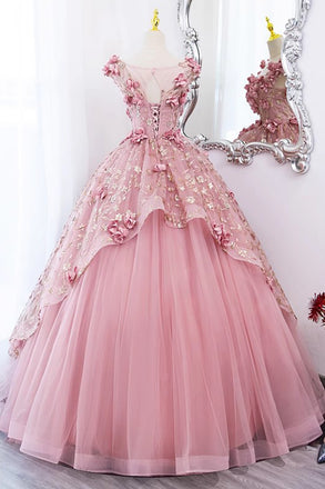 Princess Sleeveless Tulle Long Quinceanera Dress, Pink Puffy Prom Gown with Flowers UQP0253