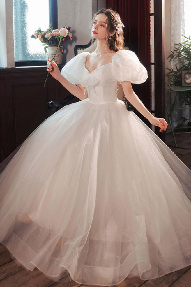 Princess Tulle Long Wedding Dress with Short Sleeves, A Line Bridal Dresses UQW0143