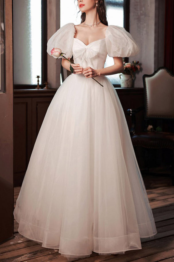 Princess Tulle Long Wedding Dress with Short Sleeves, A Line Bridal Dresses UQW0143