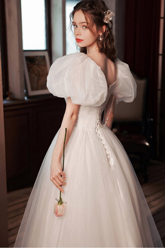 Princess Tulle Long Wedding Dress with Short Sleeves, A Line Bridal Dresses UQW0143