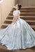 Puffy Square Neck Light Blue Long Prom Dress, Printed Satin Formal Gown UQP0331