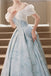 Puffy Square Neck Light Blue Long Prom Dress, Printed Satin Formal Gown UQP0331