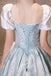 Puffy Square Neck Light Blue Long Prom Dress, Printed Satin Formal Gown UQP0331