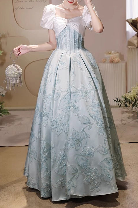 Puffy Square Neck Light Blue Long Prom Dress, Printed Satin Formal Gown UQP0331