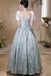 Puffy Square Neck Light Blue Long Prom Dress, Printed Satin Formal Gown UQP0331