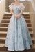 Puffy Square Neck Light Blue Long Prom Dress, Printed Satin Formal Gown UQP0331