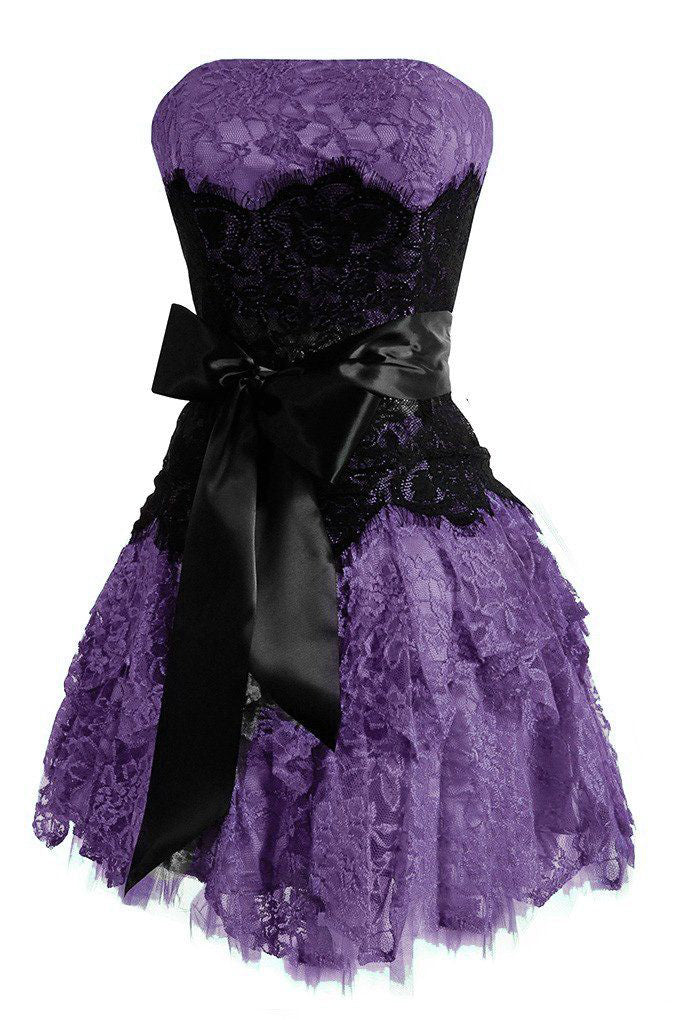 A Line Strapless Lace Short Homecoming Gown with Bow, Pink Cute Hoco Dress UQH0271