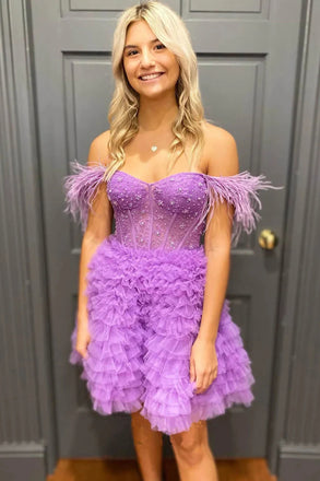 Light Blue Off the Shoulder Tulle Tiered Short Homecoming Gown with Beading UQH0209