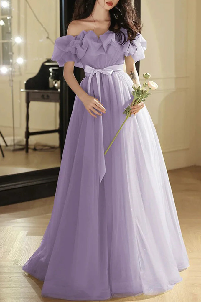 Purple Off the Shoulder Tulle Long Prom Dress, A Line Sparkly Party Gown UQP0365