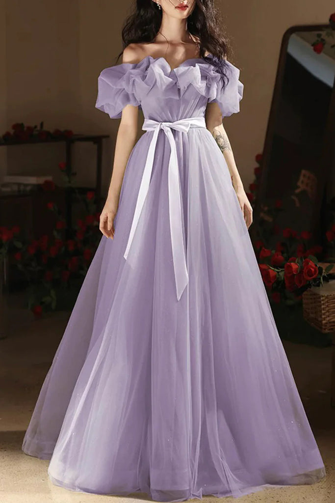 Purple Off the Shoulder Tulle Long Prom Dress, A Line Sparkly Party Gown UQP0365