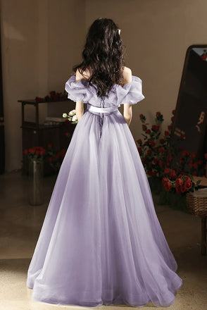 Purple Off the Shoulder Tulle Long Prom Dress, A Line Sparkly Party Gown UQP0365