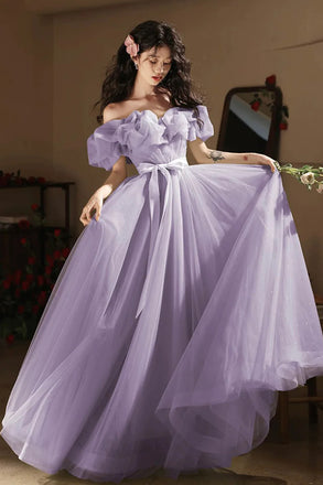 Purple Off the Shoulder Tulle Long Prom Dress, A Line Sparkly Party Gown UQP0365