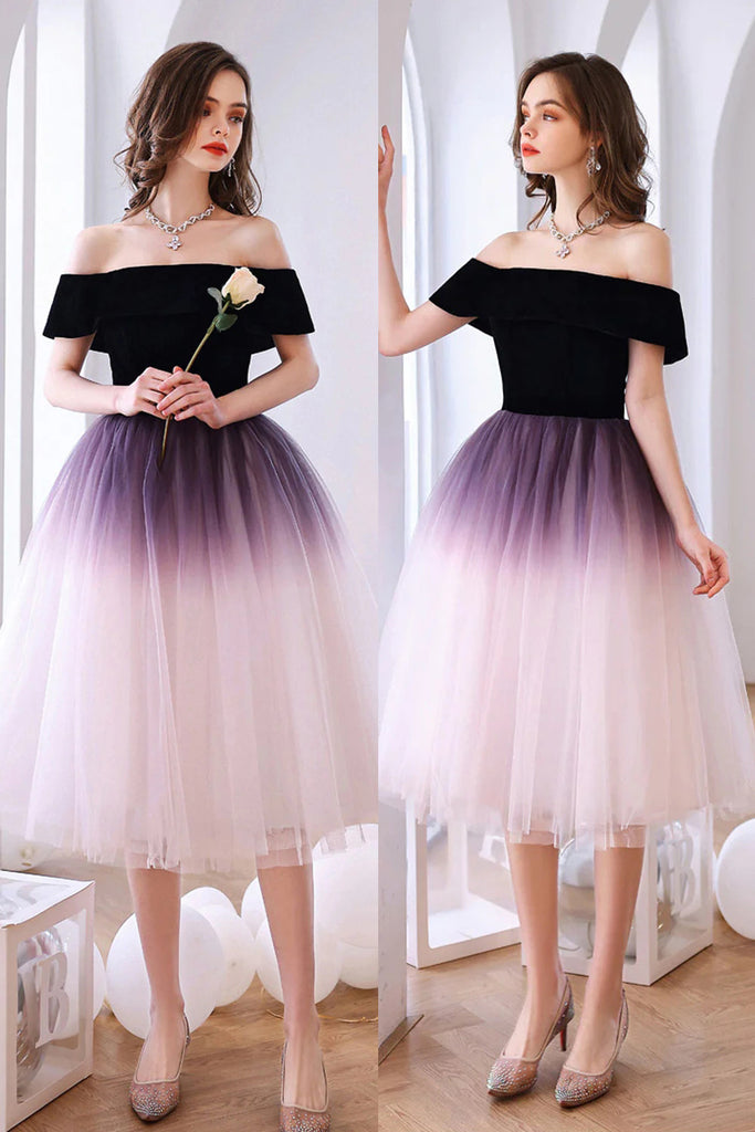 Purple A Line Ombre Off the Shoulder Tulle Tea-Length Homecoming Dress UQH0181