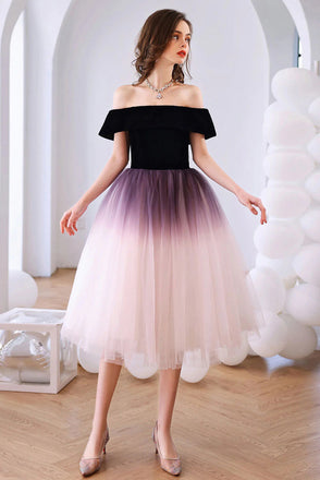 Purple A Line Ombre Off the Shoulder Tulle Tea-Length Homecoming Dress UQH0181