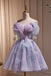 Purple Tulle Off the Shoulder Cute Short Homecoming Dress Prom Gown with Butterfly UQH0156