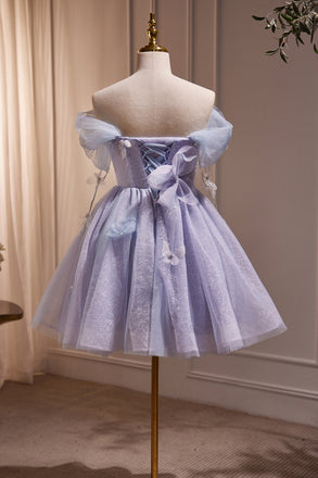 Purple Tulle Off the Shoulder Cute Short Homecoming Dress Prom Gown with Butterfly UQH0156