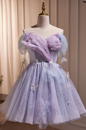 Purple Tulle Off the Shoulder Cute Short Homecoming Dress with Butterfly UQH0156