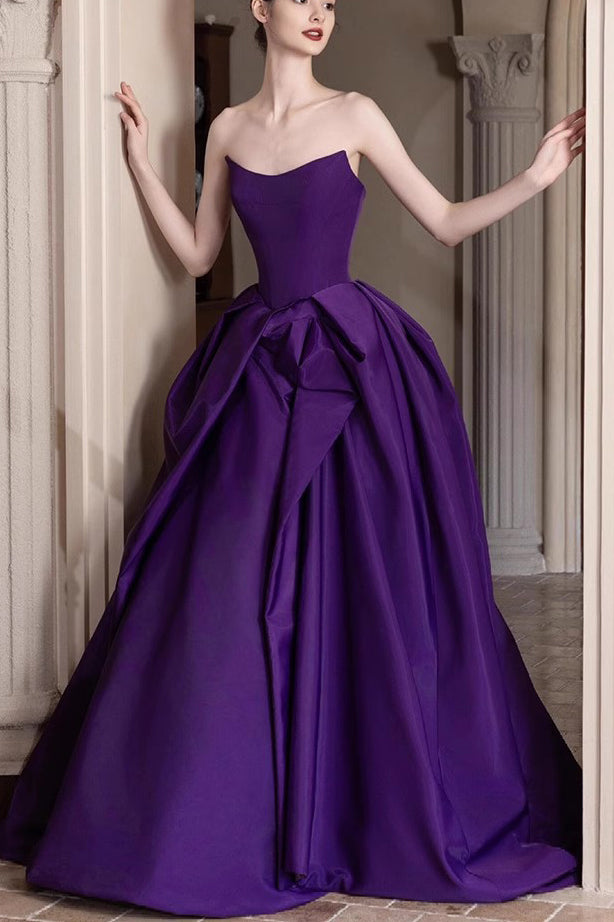 A Line Strapless Satin Long Prom Dress, Purple New Arrival Evening Gown UQP0356