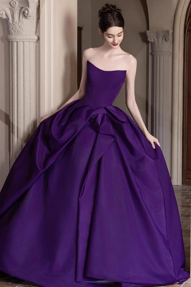 A Line Strapless Satin Long Prom Dress, Purple New Arrival Evening Gown UQP0356
