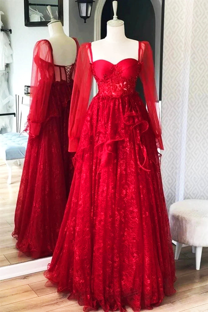 Red Long Sleeves Lace Prom Dress, New Arrival Beading Evening Gown UQP0308