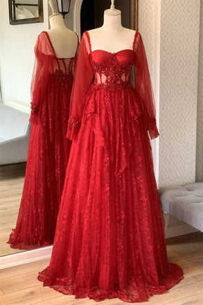 Red Long Sleeves Lace Prom Dress, New Arrival Beading Evening Gown UQP0308