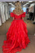 Red Off the Shoulder Organza Prom Dress with Beading A Line Tiered Formal Gown UQP0263