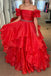 Red Off the Shoulder Organza Prom Dress with Beading A Line Tiered Formal Gown UQP0263