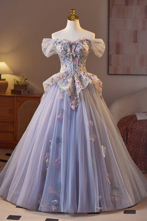 Gorgeous Off the Shoulder Tulle Prom Dress with Flowers, Purple Quinceanera Dresses UQP0370