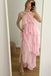 A Line Straps Tiered Chiffon Long Prom Dress with Flowers Pink Bridesmaid Dress UQP0319