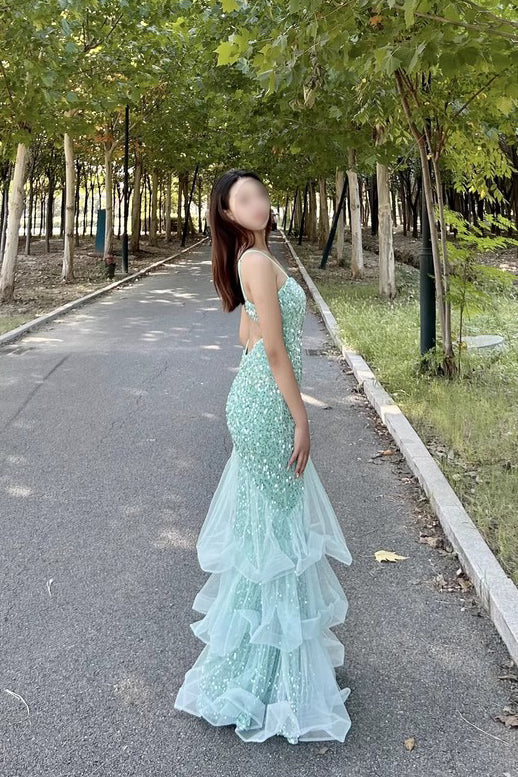 Green Spaghetti Straps Sequin Mermaid Prom Dress, Long Evening Gown UQP0329