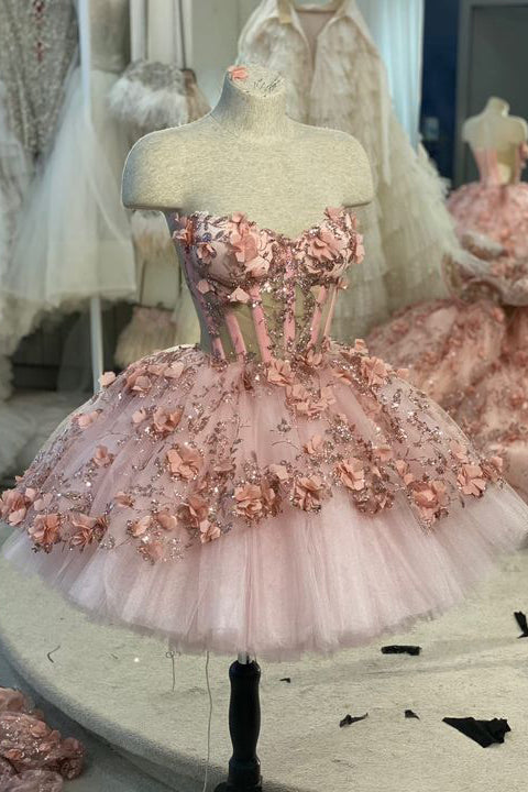 Princess Sparkly Sweetheart Homecoming Dresses with 3d Flowers, Pink Sweet 16 Dresses UQH0106