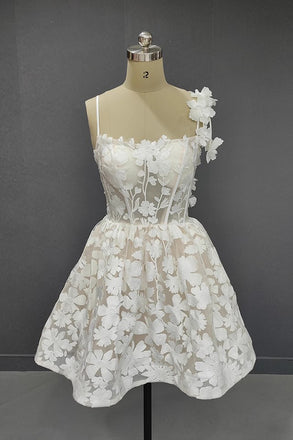 Strapless Short Lace Wedding Dress, A Line Unique Lace Prom Gown UQW0136