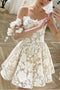 Strapless Short Lace Wedding Dress, A Line Unique Lace Prom Gown UQW0136