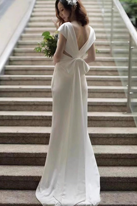Simple V Neck Cap Sleeves Mermaid Wedding Gown, Bridal Dresses UQW0090