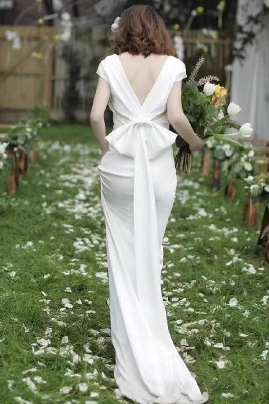 Simple V Neck Cap Sleeves Mermaid Wedding Gown, Bridal Dresses UQW0090