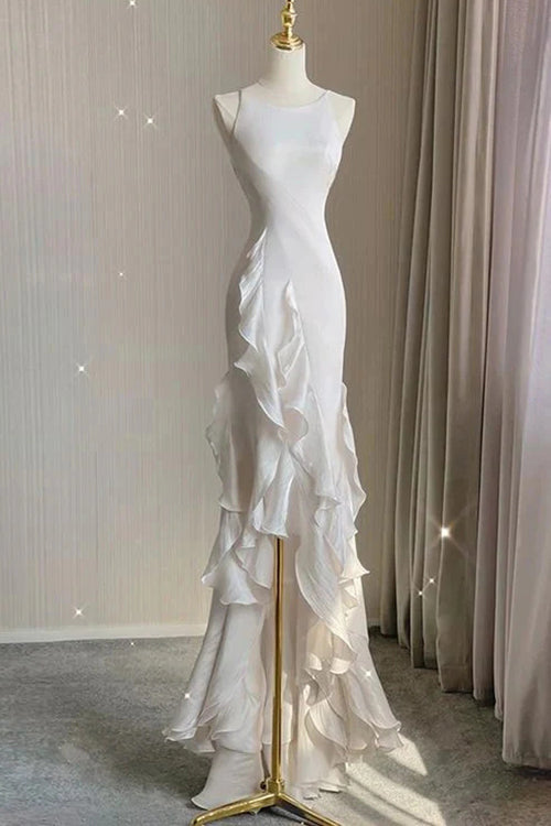 Simple Mermaid Beach Wedding Dress with Ruffles, Spaghetti Straps Backless Bridal Gown UQW0107